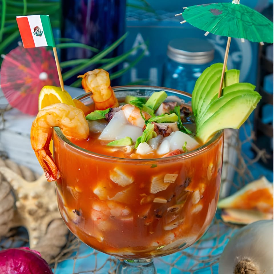 Mexican seafood cocktail with shrimp, avocado, and a mini Mexican flag, garnished with an orange slice.