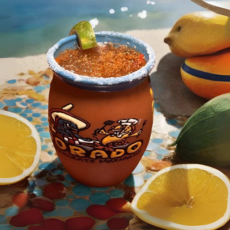 El Dorado Mexican Restaurant's michelada in a clay cup with lime, lemons, and a beach backdrop.