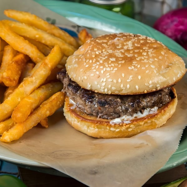 A sesame seed bun burger with a patty and white sauce, served with golden french fries.